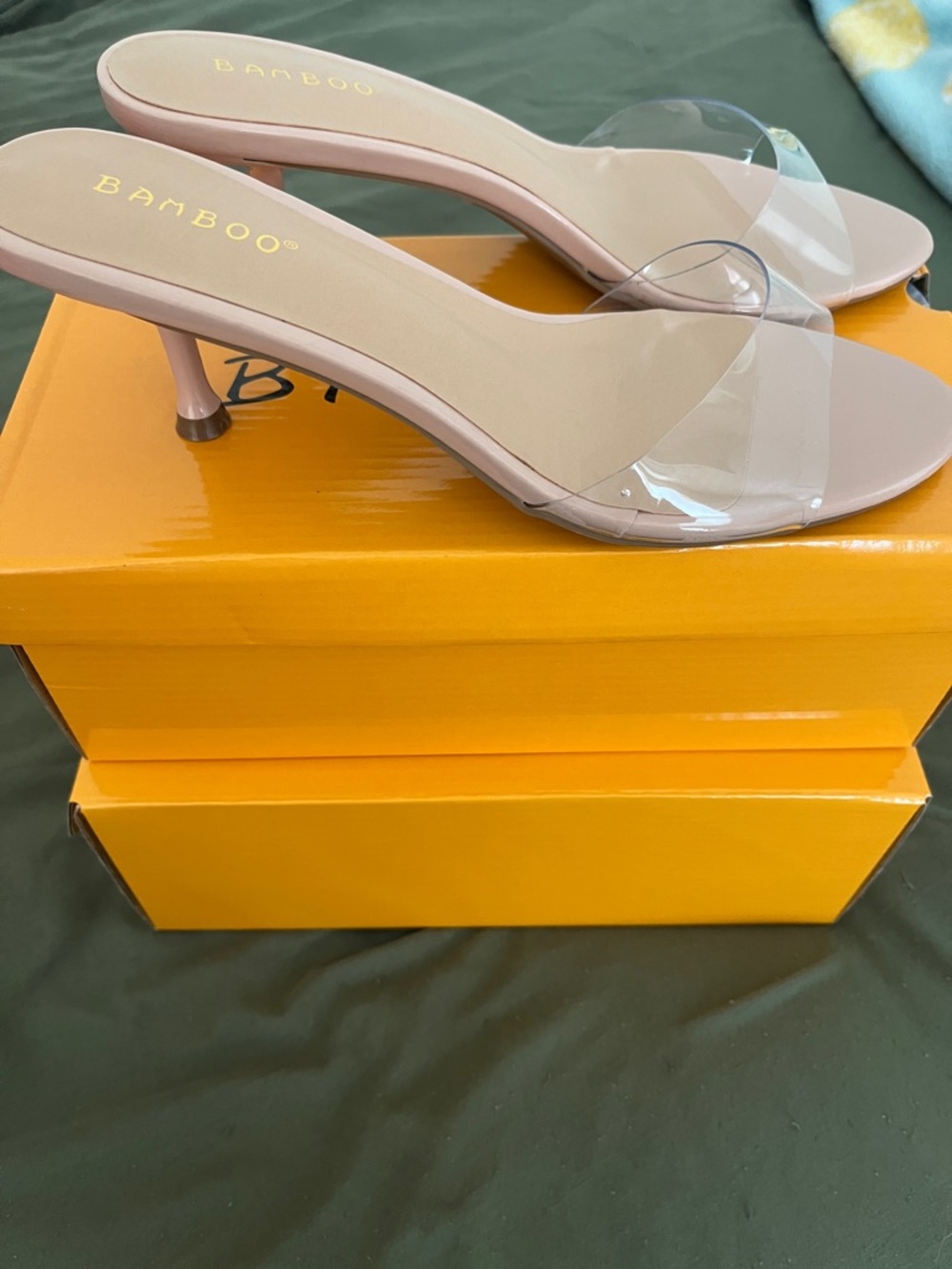 BAMBOO Nude Pink Clear Strap Kitten Heel Mules